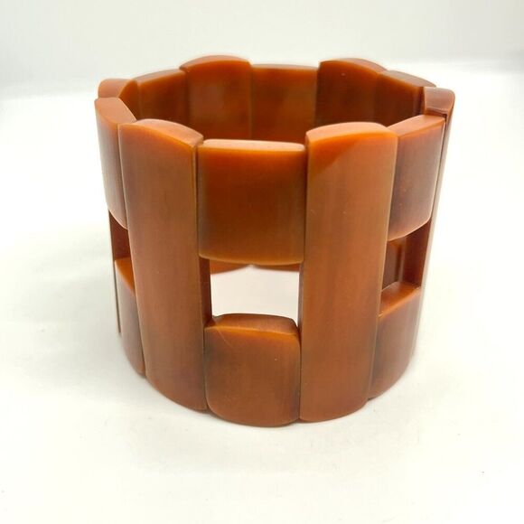 VINTAGE RUST BROWN GEOMETRIC STRETCH BANGLE MODERNIST PLASTIC BAKELITE LOOK - Picture 9 of 10